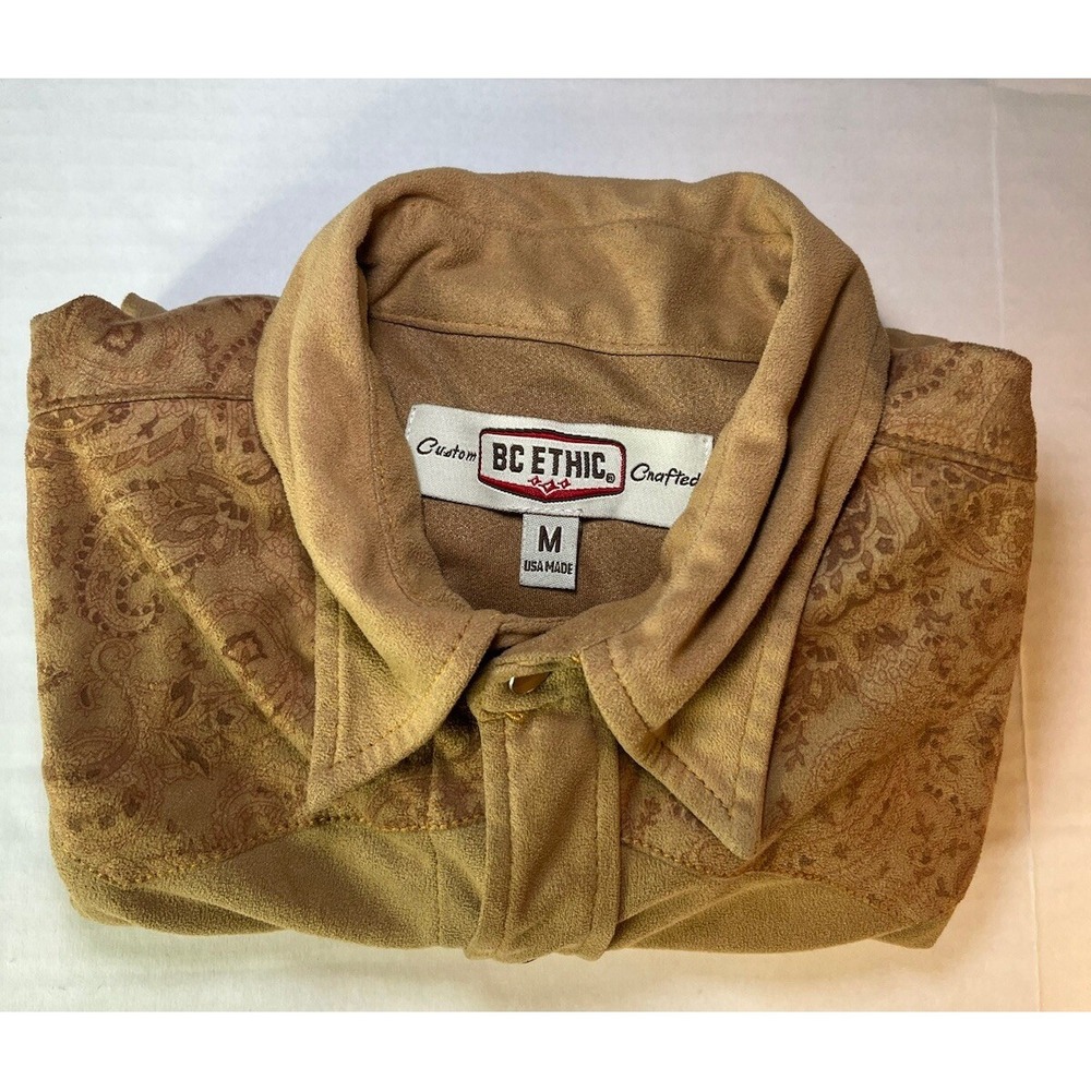 BC Ethic Shirt Mens Medium Brown Western Polyester Button Up Pearl Snaps Cowboy